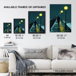 "Artery8 Night Walk in Rain Under Promenade Street Lamps Wall Art Print in Blue - Size: W12"" x H16""" - thumbnail 3