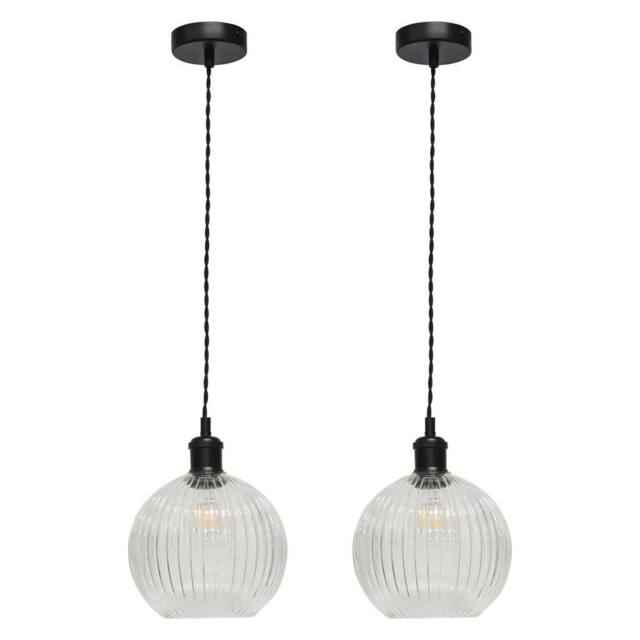 First Choice Lighting Set of 2 Betchley - Clear Ribbed Glass Globe Black Retro Pendants - image 1