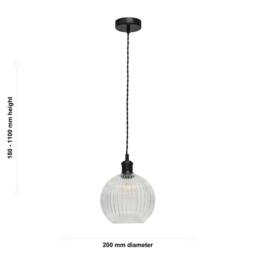 First Choice Lighting Set of 2 Betchley - Clear Ribbed Glass Globe Black Retro Pendants - thumbnail 6