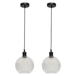 First Choice Lighting Set of 2 Betchley - Clear Ribbed Glass Globe Black Retro Pendants - thumbnail 1