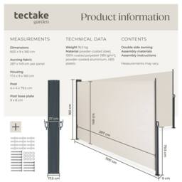 tectake Extendable Double-sided Awning with Roll-up Mechanism in Beige - Size: 300 cm x 180 cm - thumbnail 6