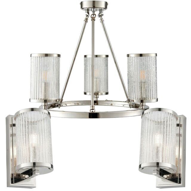Loops 3 Lamp Ceiling & 2x Matching Wall Light Pack Bright Nickel & Ribbed Glass Shade in Metallics - image 1
