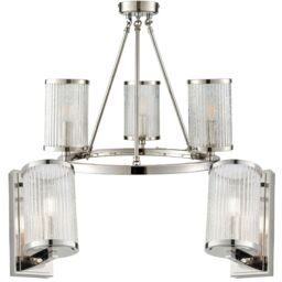 Loops 3 Lamp Ceiling & 2x Matching Wall Light Pack Bright Nickel & Ribbed Glass Shade in Metallics