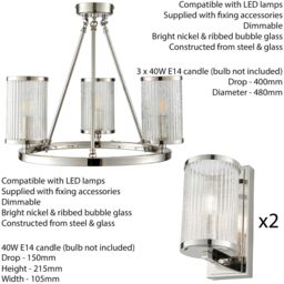 Loops 3 Lamp Ceiling & 2x Matching Wall Light Pack Bright Nickel & Ribbed Glass Shade in Metallics - thumbnail 2
