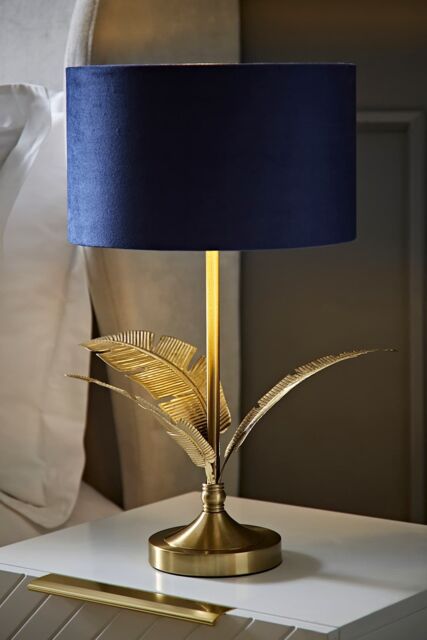 ValueLights Christina Velvet with Gold Metallic Inner Drum Shade Gold Palm Leaf Table Lamp in Navy - image 1