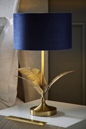 ValueLights Christina Velvet with Gold Metallic Inner Drum Shade Gold Palm Leaf Table Lamp in Navy - thumbnail 1