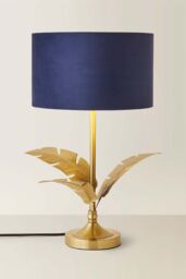 ValueLights Christina Velvet with Gold Metallic Inner Drum Shade Gold Palm Leaf Table Lamp in Navy - thumbnail 3