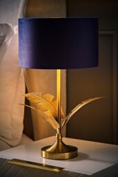 ValueLights Christina Velvet with Gold Metallic Inner Drum Shade Gold Palm Leaf Table Lamp in Navy - thumbnail 2