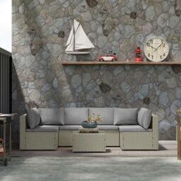 OUTSUNNY 7 Pieces Rattan Garden Furniture Set with Cushions, Light Brown - thumbnail 1