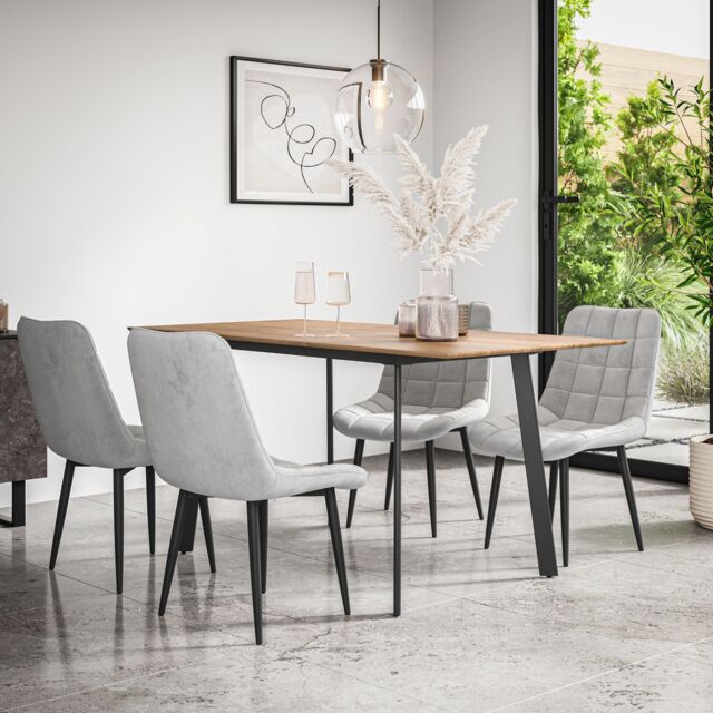 More4Homes Haydon Extending Dining Table & Chairs- Oak Effect Table Top w Black Legs + Nova Velvet Dining Chair Set Of 4 in Grey - image 1