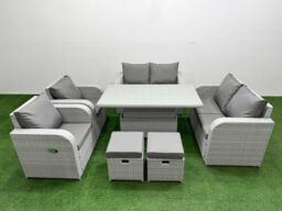 Fimous 8 Seater Outdoor Reclining Chair Love Sofa Set Rattan Garden Furniture Set with Adjustable Lifting Dining or Coffee Table 2 Stools Light Grey - thumbnail 1