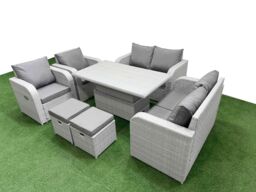 Fimous 8 Seater Outdoor Reclining Chair Love Sofa Set Rattan Garden Furniture Set with Adjustable Lifting Dining or Coffee Table 2 Stools Light Grey - thumbnail 2