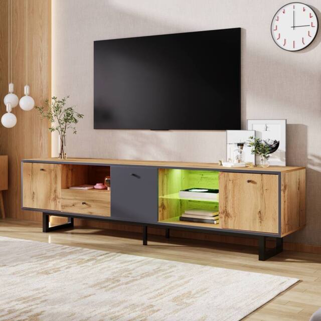 Merax 190cm Lowboard TV Cabinet with LED & Glass Shelves in Natural - image 1