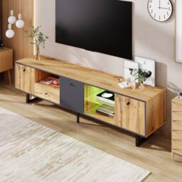 Merax 190cm Lowboard TV Cabinet with LED & Glass Shelves in Natural - thumbnail 7