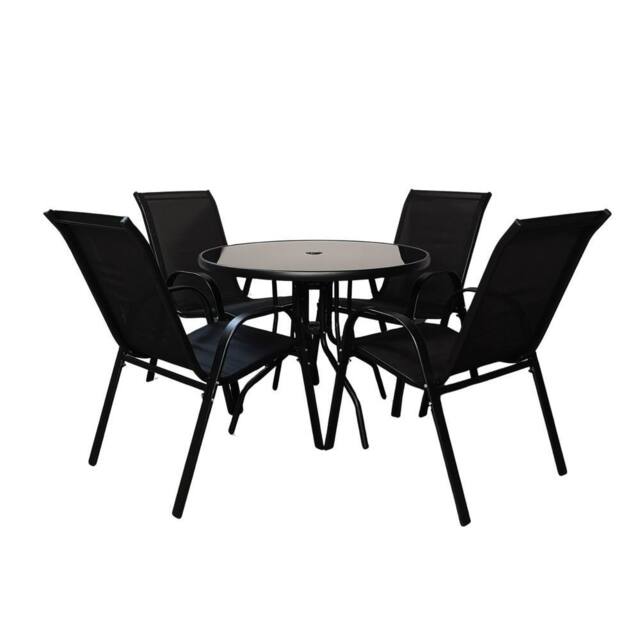 Samuel Alexander Outdoor 4 Person Round Glass Top Garden Dining Table Chairs Set in Black - image 1
