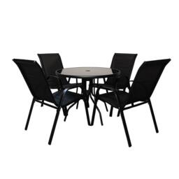 Samuel Alexander Outdoor 4 Person Round Glass Top Garden Dining Table Chairs Set in Black