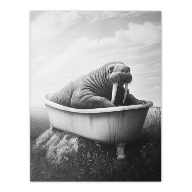 "Artery8 Walrus in Bathtub Black White Coastal Surreal Wall Art Print in Grey - Size: W24"" x H32""" - image 1