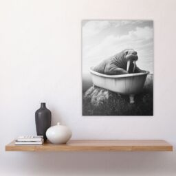 "Artery8 Walrus in Bathtub Black White Coastal Surreal Wall Art Print in Grey - Size: W24"" x H32""" - thumbnail 4