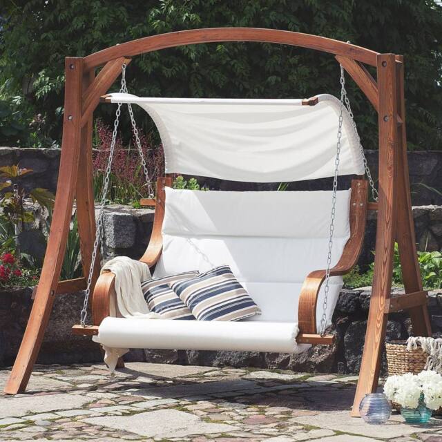 Wyld and Coco Everwood 2-Seater Garden Swing - Larch Wood Frame White Upholstery in Brown - image 1
