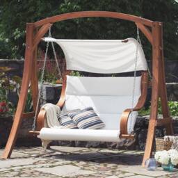 Wyld and Coco Everwood 2-Seater Garden Swing - Larch Wood Frame White Upholstery in Brown - thumbnail 1