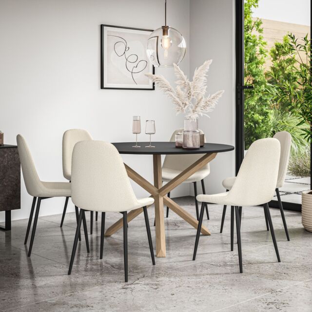 More4Homes Malvern Round Dining Table & Chairs - Black Table Top w Solid Oak Legs + Maya Boucle Dining Chair Set Of 6 in Ivory - image 1