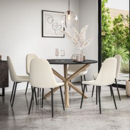 More4Homes Malvern Round Dining Table & Chairs - Black Table Top w Solid Oak Legs + Maya Boucle Dining Chair Set Of 6 in Ivory - thumbnail 1