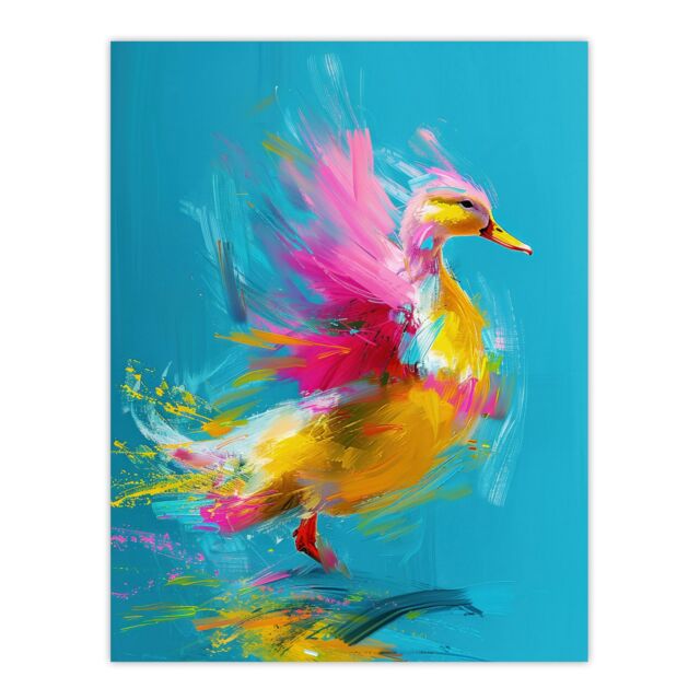 "Artery8 Wall Art Print Flying Yellow Pink Duck Abstract Oil Painting Poster in Blue - Size: W12"" x H16""" - image 1