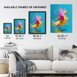 "Artery8 Wall Art Print Flying Yellow Pink Duck Abstract Oil Painting Poster in Blue - Size: W12"" x H16""" - thumbnail 3