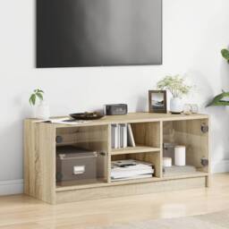 Berkfield Home TV Cabinet with Glass Doors Sonoma Oak 102x37x42 cm in Tan - Size: 102 x 37 x 42 cm