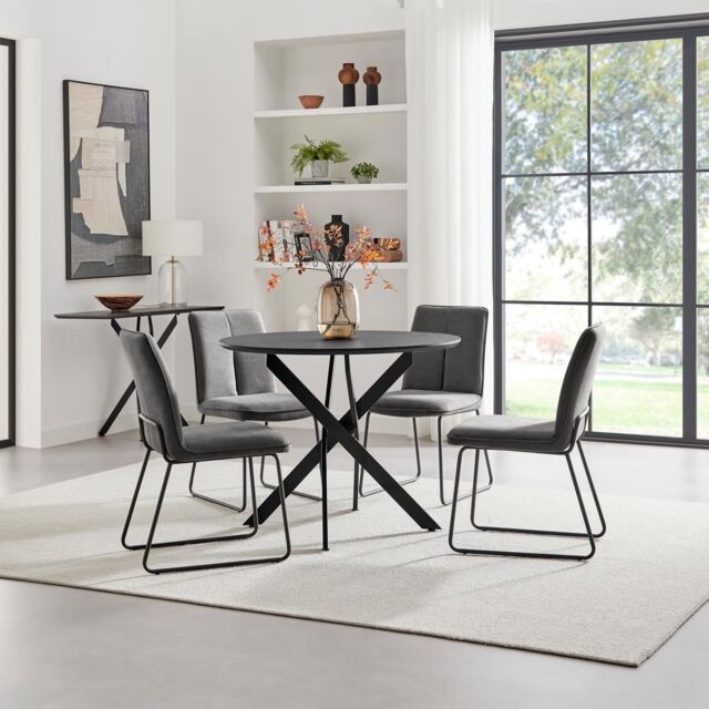 FurnitureboxUK Novara 100cm Black Top Round Dining Table & 4 Dark Grey Halley Chairs - image 1