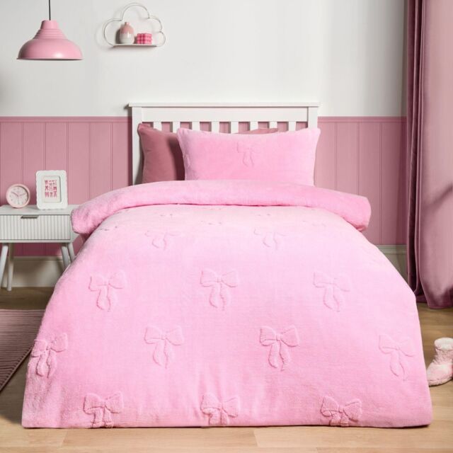 OHS Bows Tufted Teddy Fleece Super Soft Duvet Set with Pillowcase in Pink - Size: Double - image 1