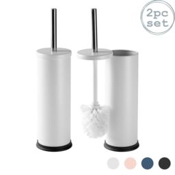 Harbour Housewares 2x Round Toilet Brushes with Holder - Non Slip Cleaning Brush Set in Off-White