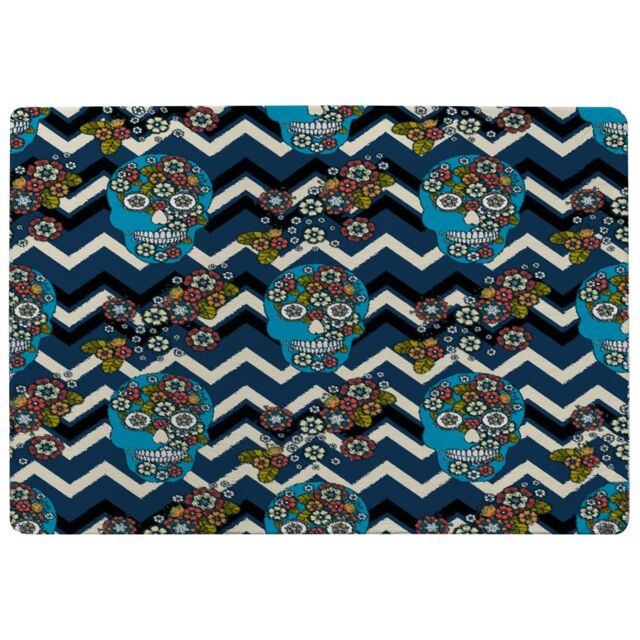 Benjamin Tate Design Embroidery Colorful Simplified Ethnic Skull Blue Pattern Rug in Natural - Size: Large - image 1