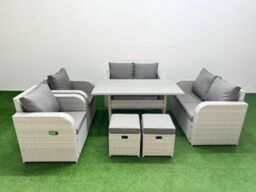 Fimous 8 Seater Outdoor Reclining Chair Love Sofa Set Rattan Garden Furniture Set with Rectangular Dining Table 2 Stools Light Grey - thumbnail 2