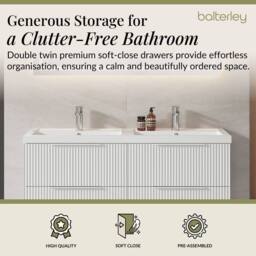 Balterley Fluted Wall Hung 4 Drawer Vanity Basin Unit & Basin 1200mm Satin White - thumbnail 3