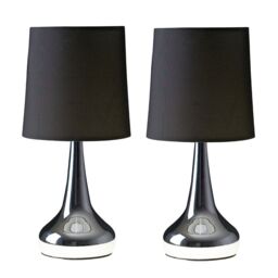 ValueLights Teardrop Pair Fabric Shades Brushed Chrome Touch Table Lamps & Bulbs in Black - thumbnail 2