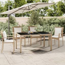 Berkfield Home Garden Table with Glass Top Beige Poly Rattan&Tempered Glass - thumbnail 2