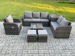 Fimous Rattan Garden Furniture 7 Piece Patio Set With Table Sofa Square Coffee Table Reclining Chair Love seat sofa Side Table in Dark Grey - thumbnail 2