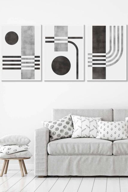 ARTZE Set of 3 White Framed Mid Century Graphical Shapes in black & Grey Wall Art in Dark Grey - Size: W33 cm x H45 cm x D20mm - image 1
