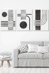 ARTZE Set of 3 White Framed Mid Century Graphical Shapes in black & Grey Wall Art in Dark Grey - Size: W33 cm x H45 cm x D20mm - thumbnail 1