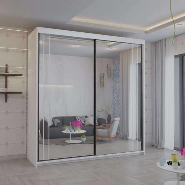 Sliding Wardrobes 4U Modish Full Mirror Sliding Door Wardrobe 150cm X 217cm in White - Size: 150 cm X 217 cm - image 1