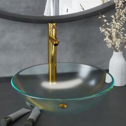 Berkfield Home Bathroom Sink with Tap & Push Drain Frosted Tempered Glass in Gold