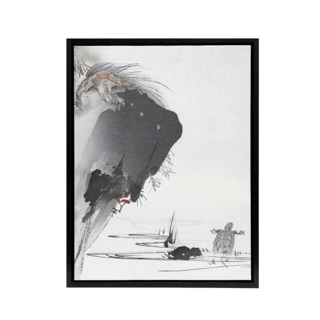 "Artery8 Two Turtles 1890 Ink Painting Framed Canvas Wall Art Print Tsukioka in Grey - Size: W12"" x H16""" - image 1