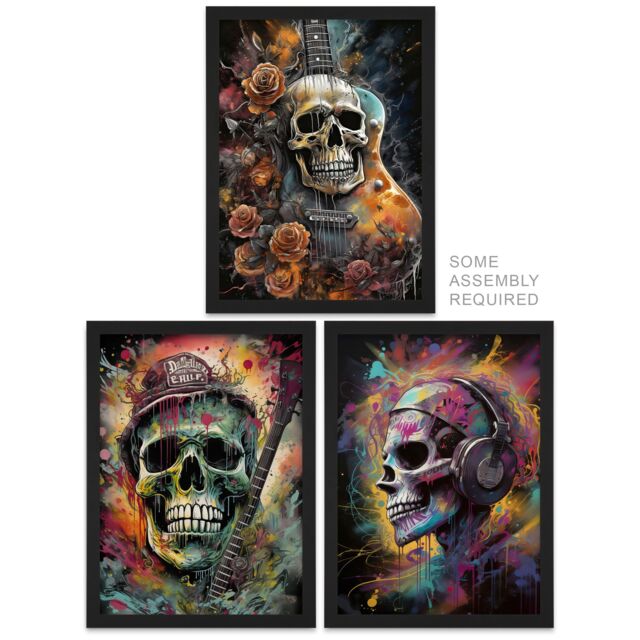 Artery8 A4 Wall Art & Frame Set of 3 Thrash Metal Death Skull Guitar in Black - image 1