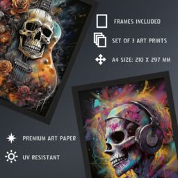 Artery8 A4 Wall Art & Frame Set of 3 Thrash Metal Death Skull Guitar in Black - thumbnail 3