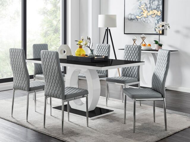 FurnitureboxUK Giovani Rectangular 6 Seat White High Gloss Unique Halo Dining Table Black Glass Top 6 Faux Leather Silver Leg Milan Chairs in Grey - image 1