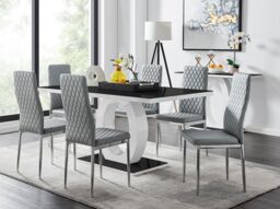 FurnitureboxUK Giovani Rectangular 6 Seat White High Gloss Unique Halo Dining Table Black Glass Top 6 Faux Leather Silver Leg Milan Chairs in Grey