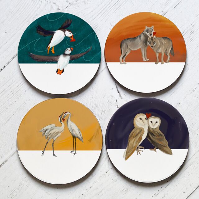 Afewhometruths Married Animals Set of 4 Coasters gift for couples in White