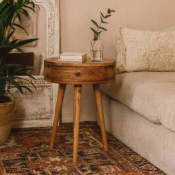 Wyld Haus Parma Mini Oak Mango Wood Circular Bedside Table in Brown