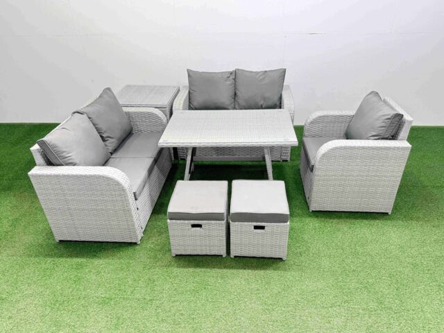 Fimous 7 Seater Rattan Garden Furniture Set Love Sofa Reclining Chair Sets in Light Grey - image 1